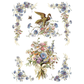 Decorative design with blue flowers, a bird, and a bouquet on a white background