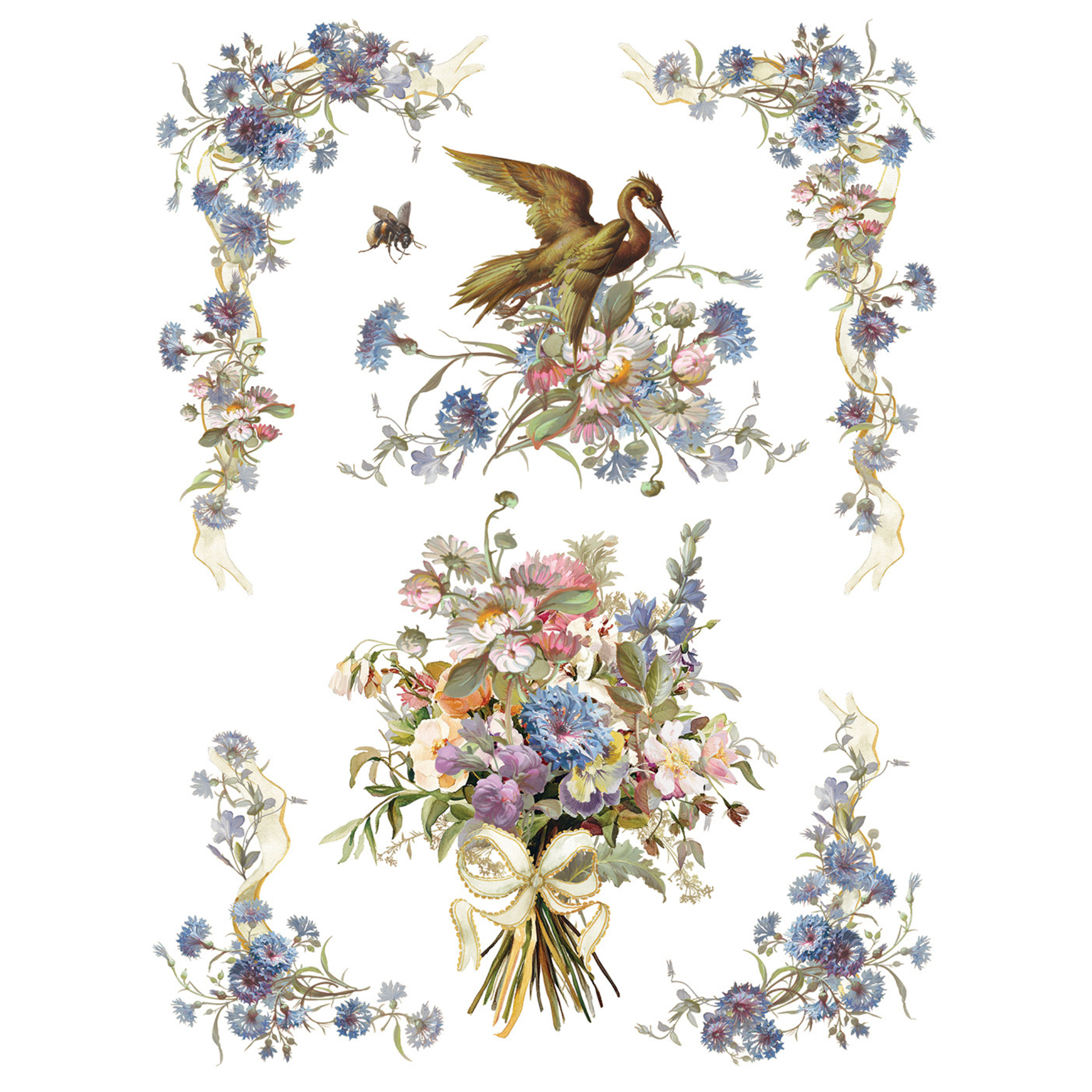 Decorative design with blue flowers, a bird, and a bouquet on a white background