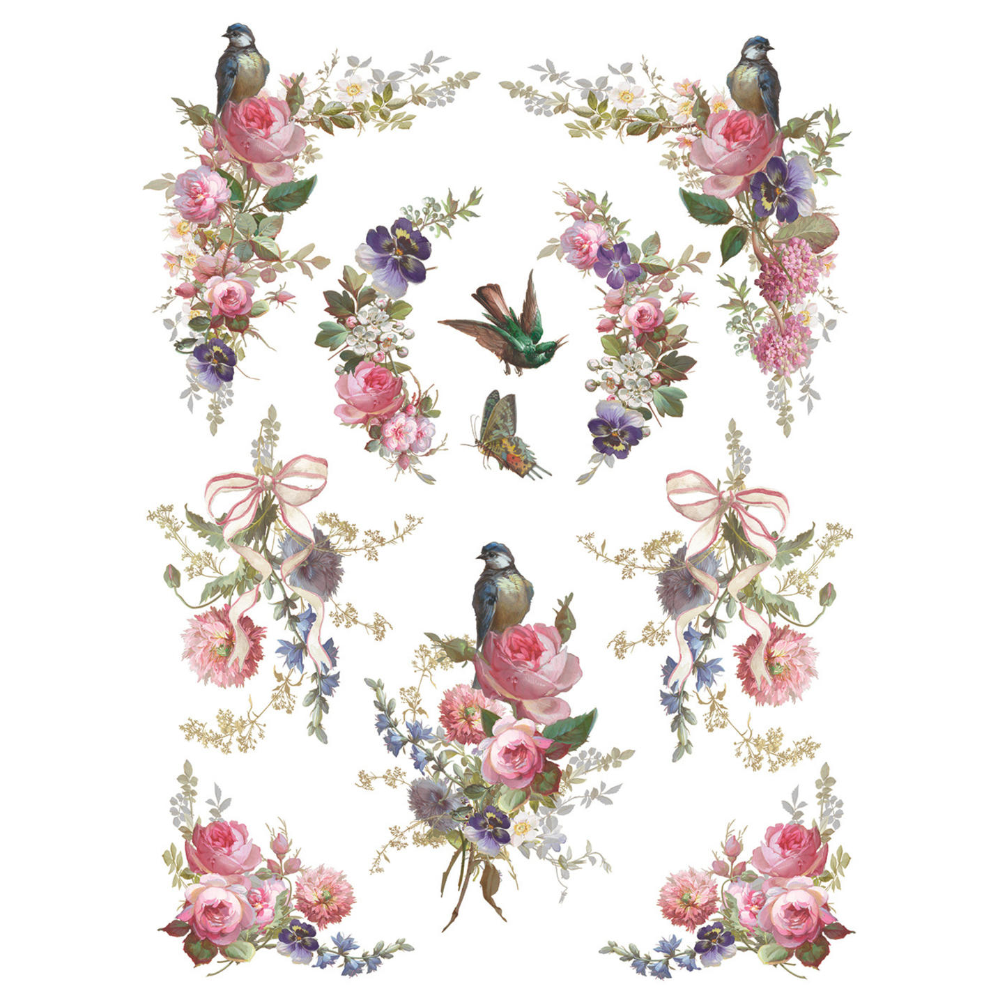 Decorative garlands and bouquets made of flowers, birds, and ribbons on a white background