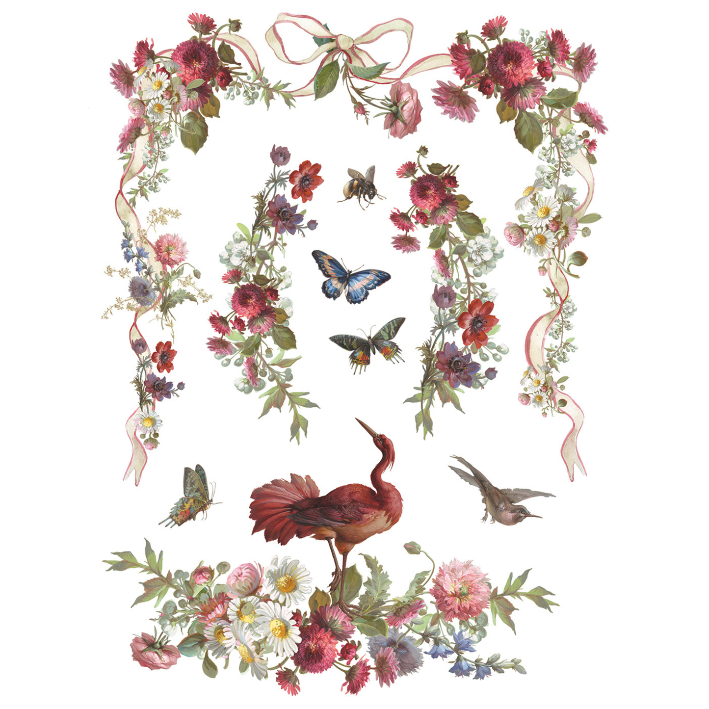 Decorative garlands made of flowers, butterflies, and birds on a white background