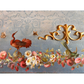 Decorative design detail with birds, flowers, and gold embellishments on a textured background