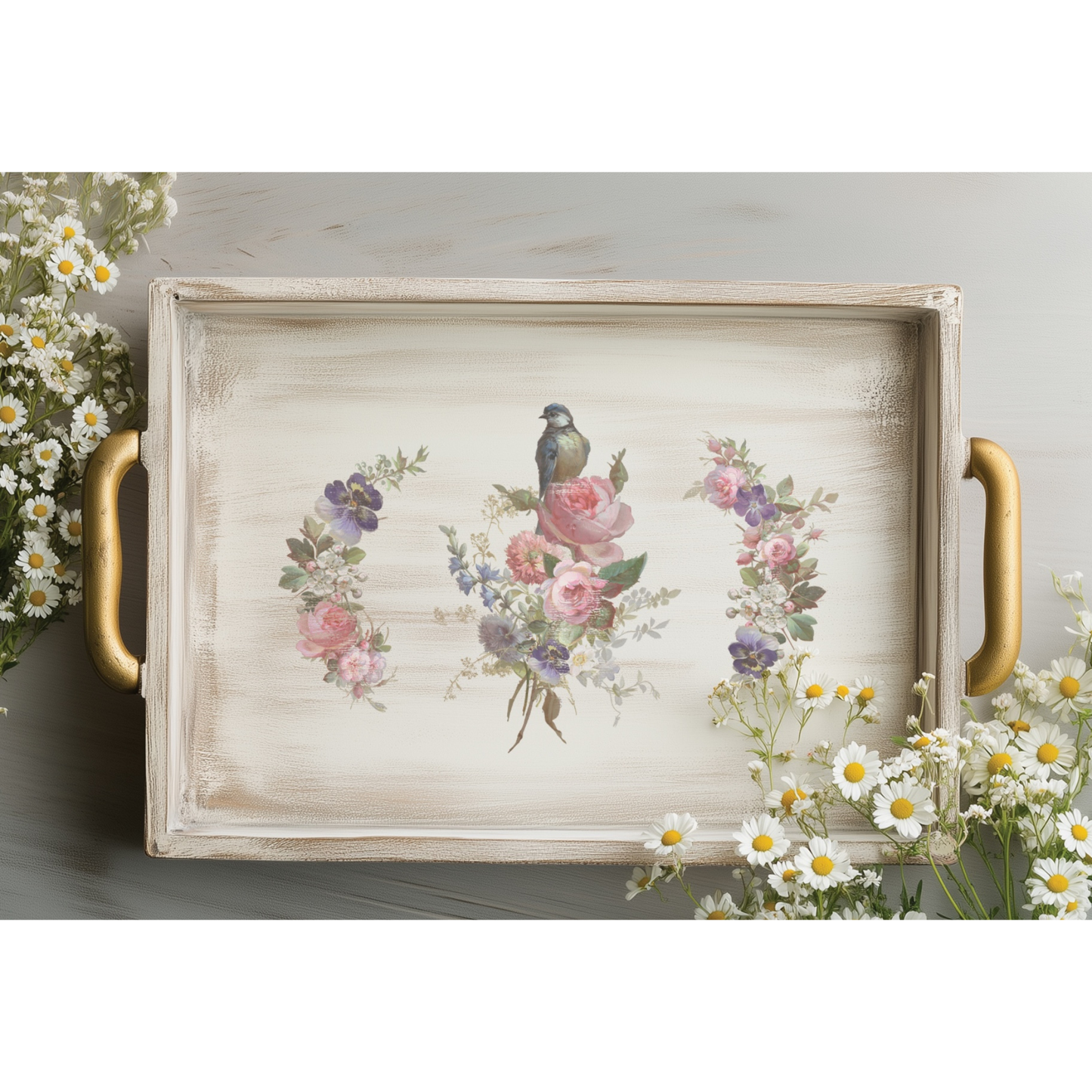 Decorative tray with floral and bird design on a light background