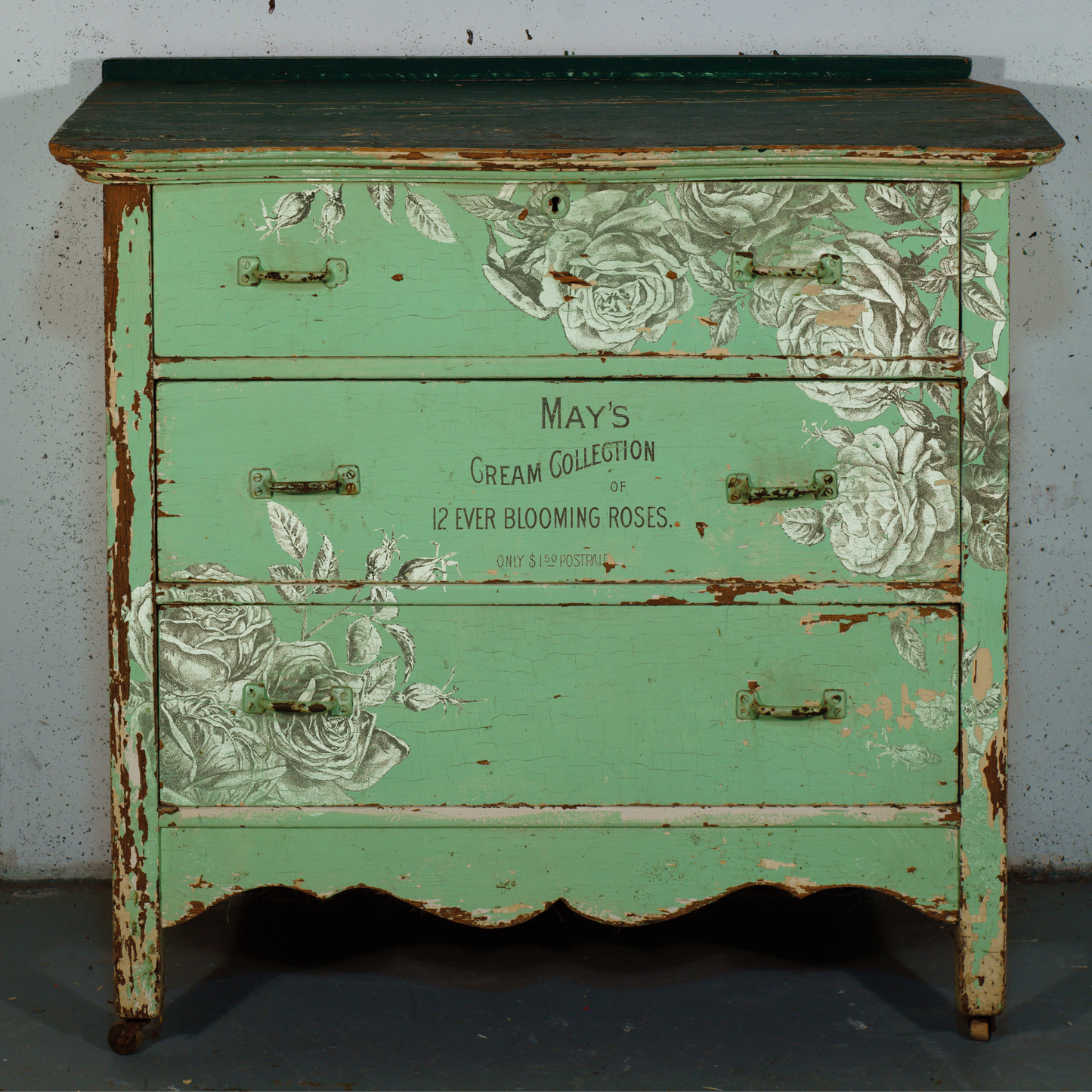 "May's Roses" IOD transfer by Iron Orchid Designs. Example of use on  green dresser. Available at Milton's Daughter.