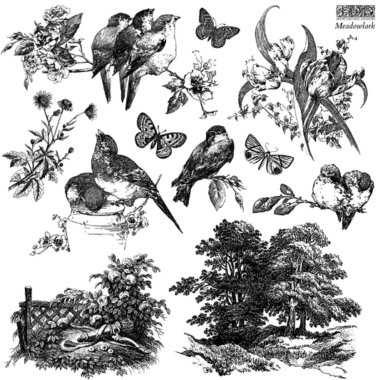 IOD Meadowlark Stamp, featuring birds, butterflies and garden scenes.