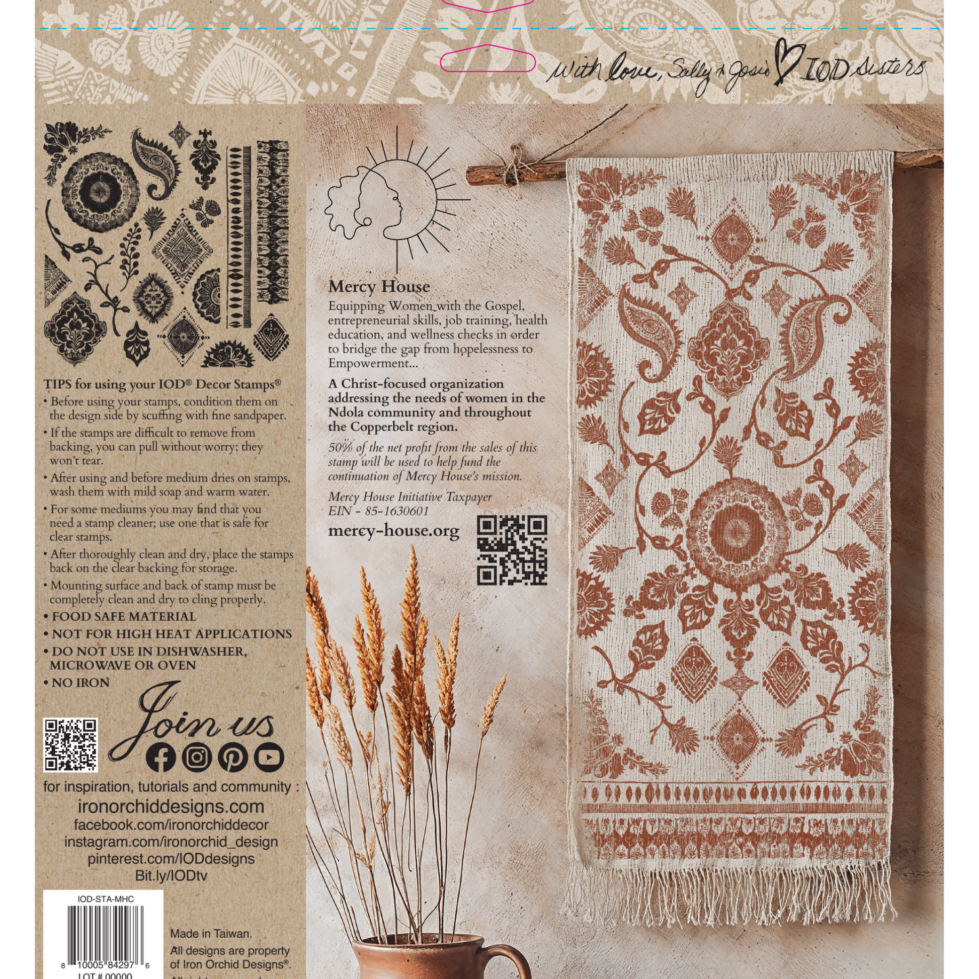 "MercyHouse Chitenge" IOD Decor Stamp. Single 12" x 12" clear silicone stamp. Available at Milton's Daughter. Back cover.
