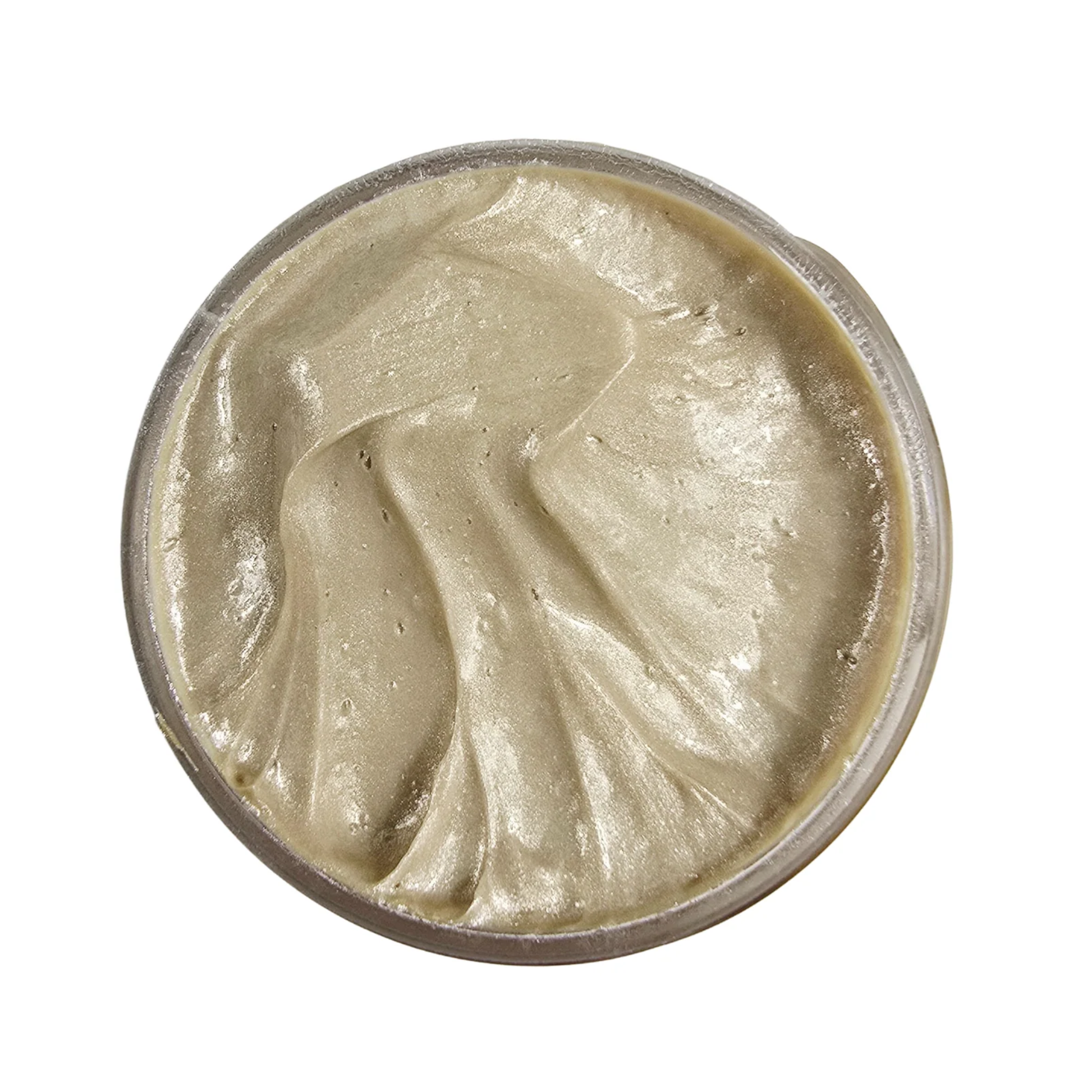 silvery-beige colred paste in a jar on a white background.