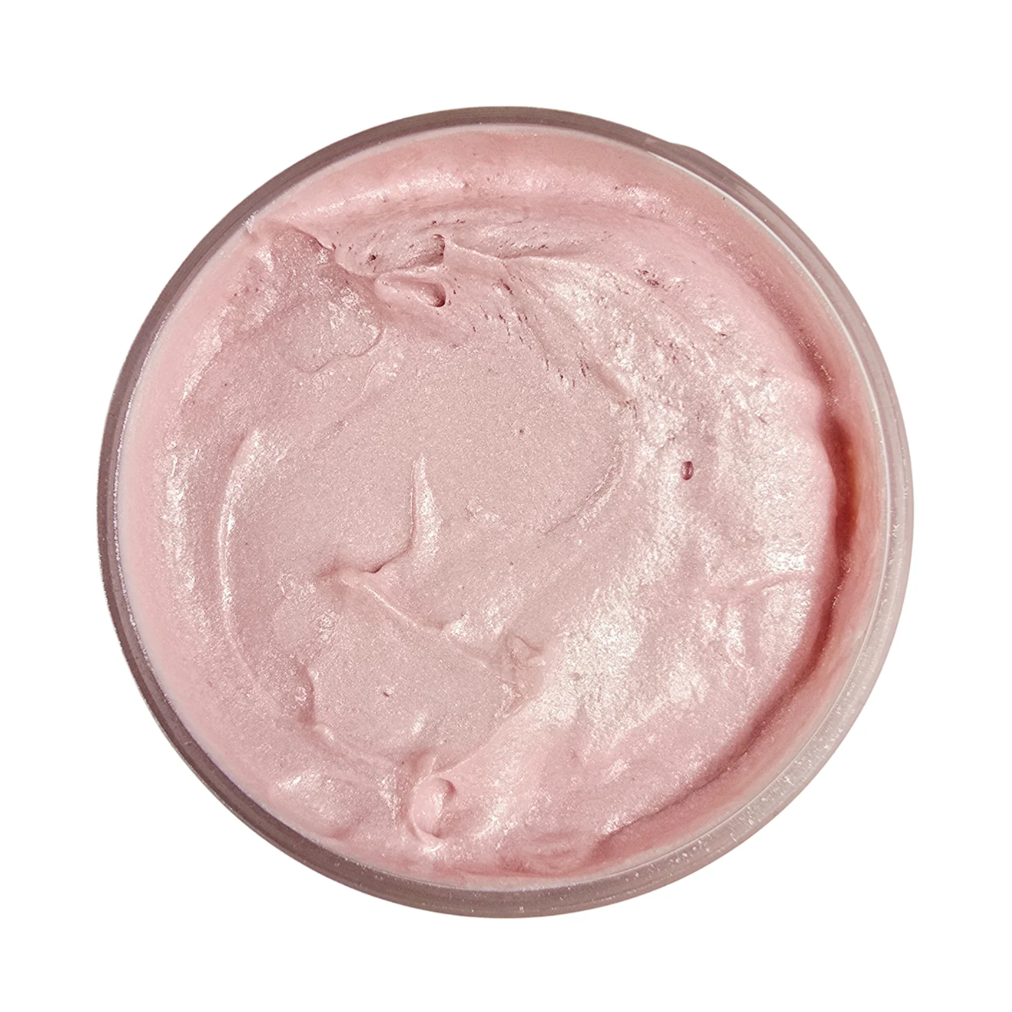 Light pink metallic colored paste in a jar on a white background.