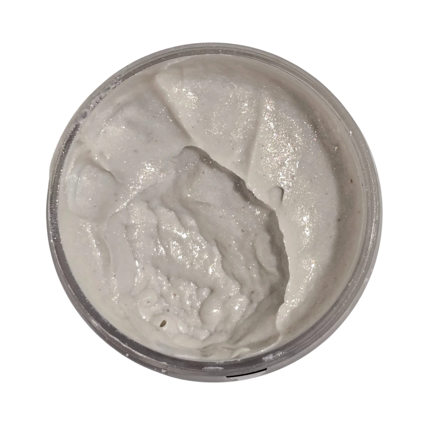 Silvery-white colored metallic paste in a jar on a white background.
