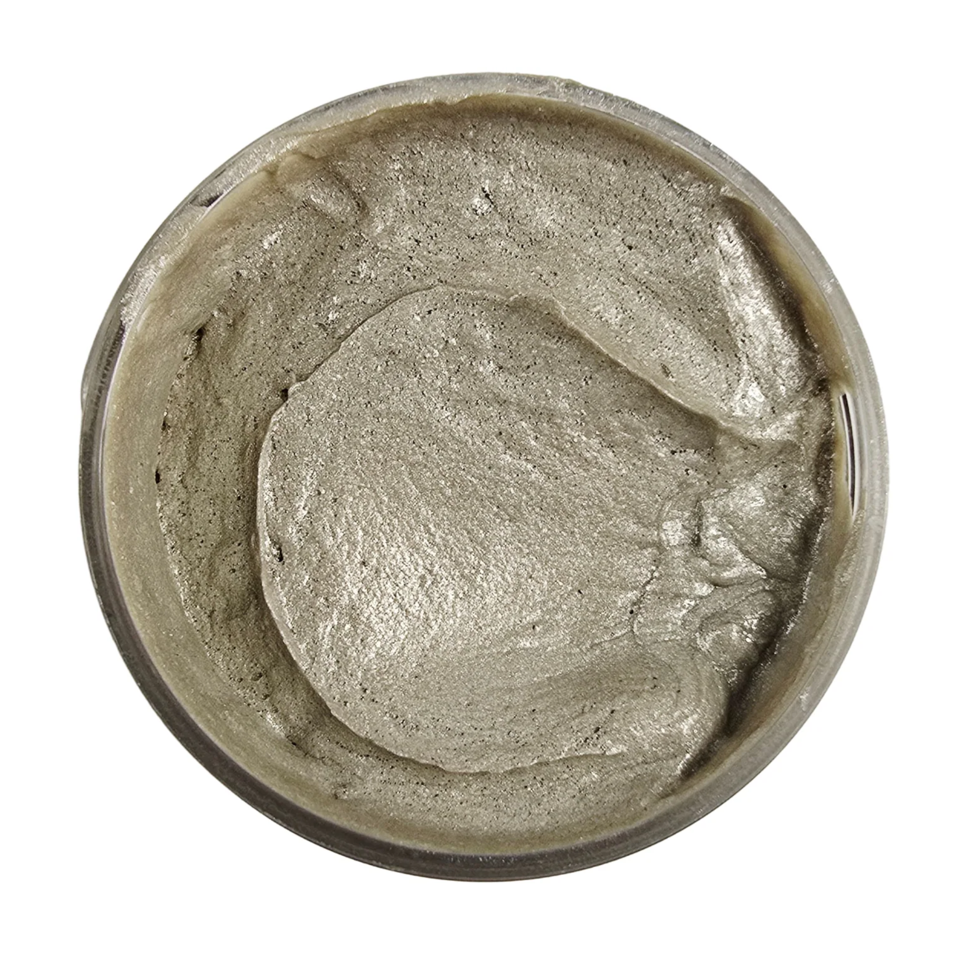 Taupe colored metallic paste in a jar on a white background.