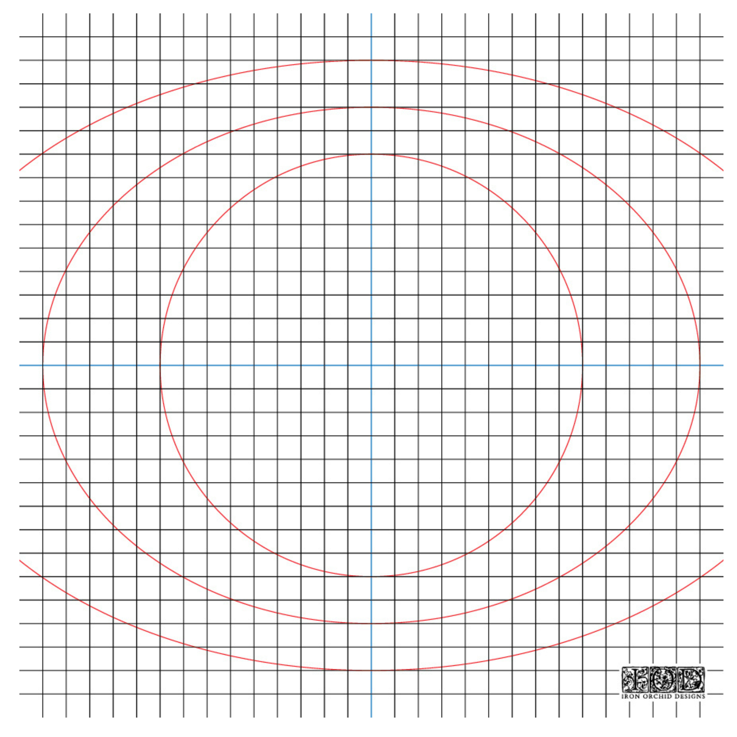A square grid pattern with fine gray lines, overlaid with three large red concentric arches and a vertical blue center line. A small black-and-white logo with IOD appears in bottom-right corner.