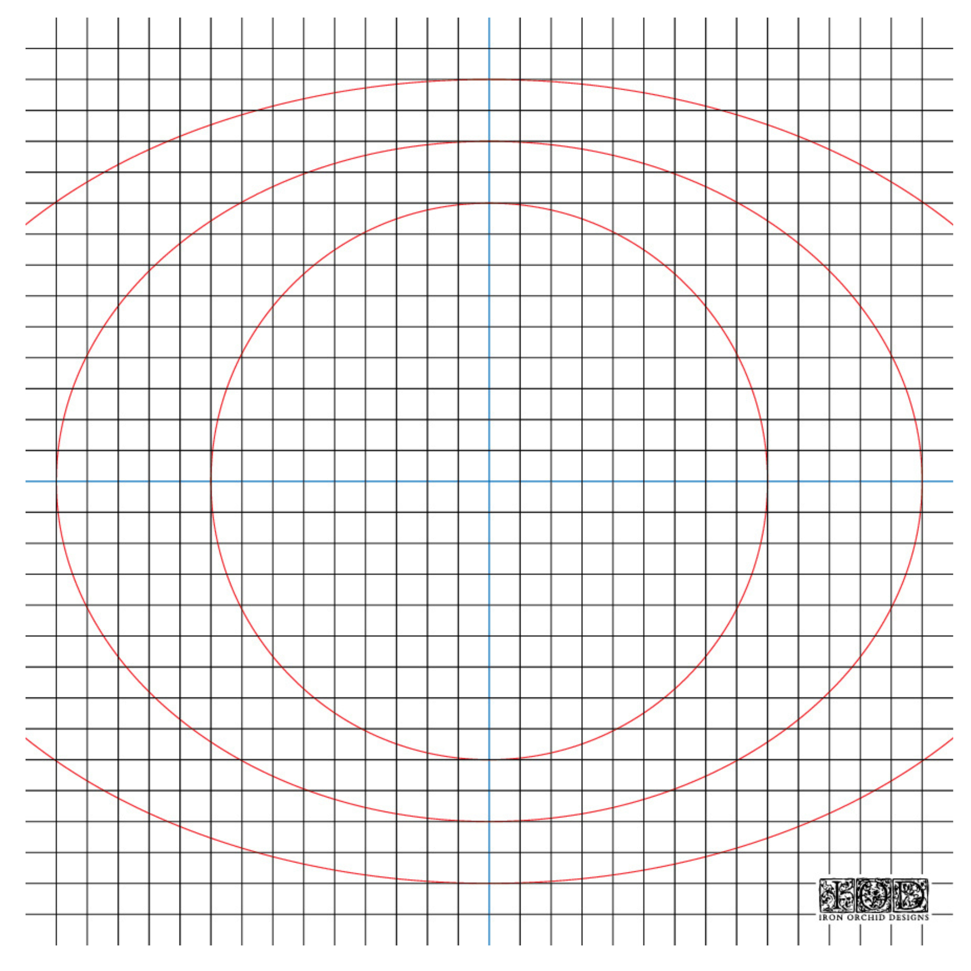 A square grid pattern with fine gray lines, overlaid with three large red concentric arches and a vertical blue center line. A small black-and-white logo with IOD appears in bottom-right corner.
