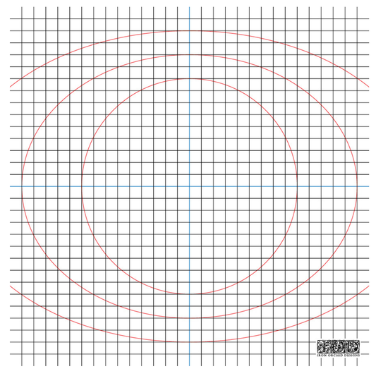 A square grid pattern with fine gray lines, overlaid with three large red concentric arches and a vertical blue center line. A small black-and-white logo with IOD appears in bottom-right corner.