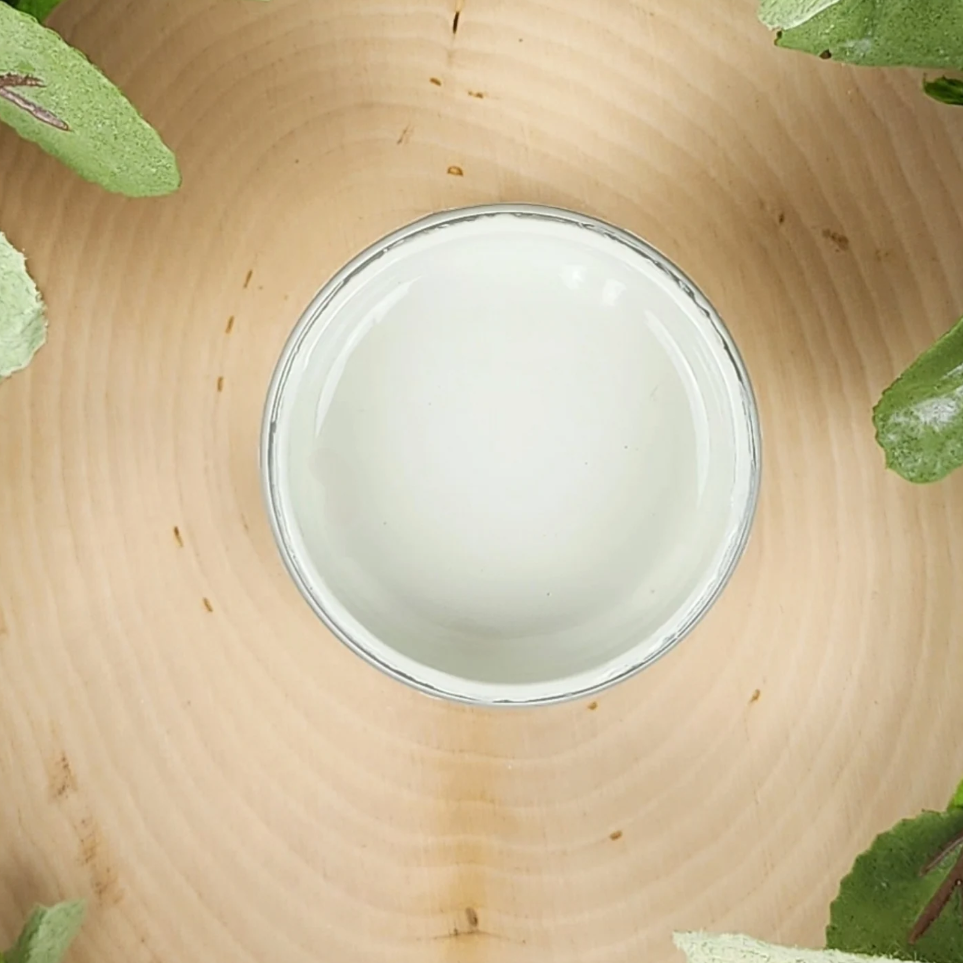Image of an open jar of light beige paint on a wooden background with leaves.