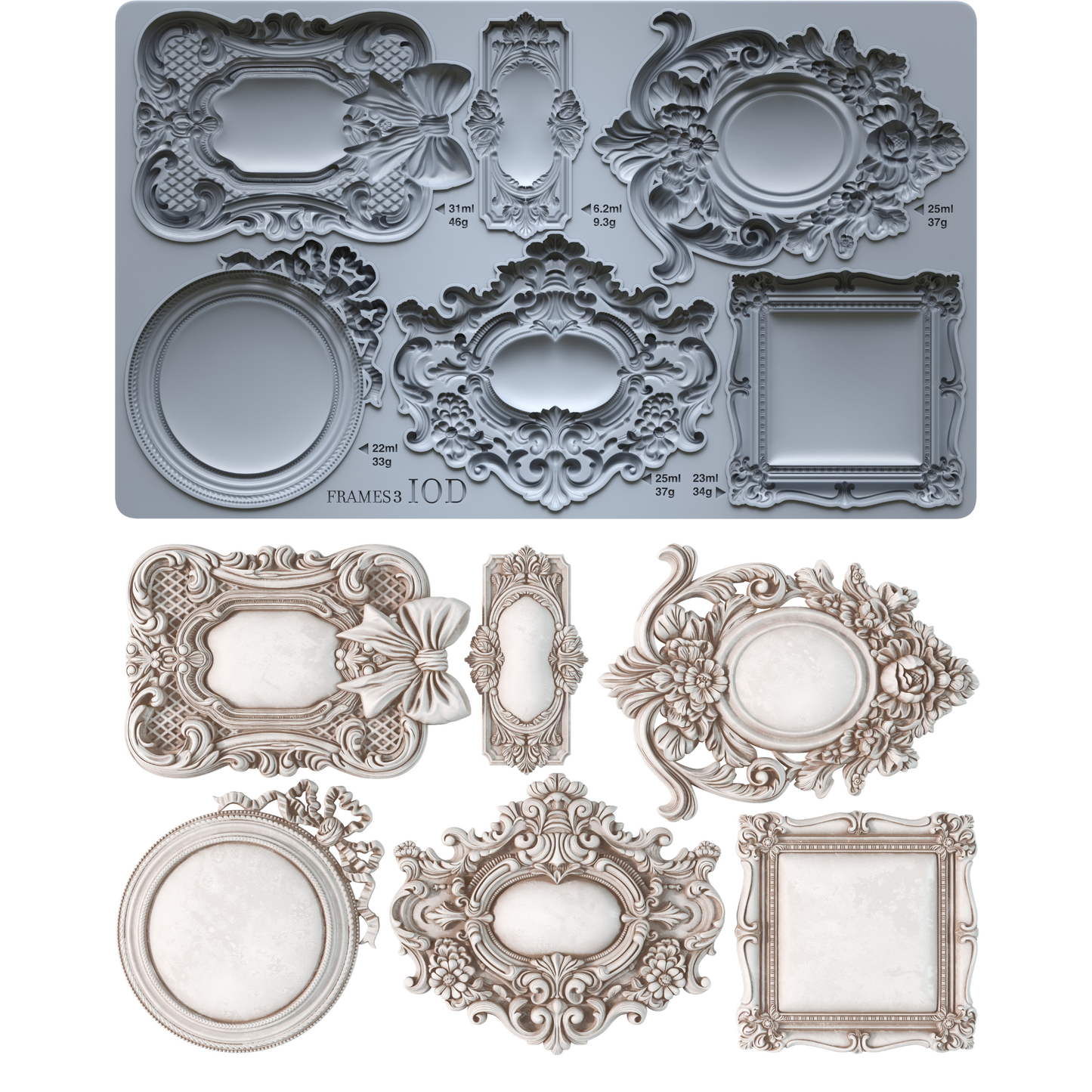 Decorative frame mold with corresponding castings with intricate designs on a white background