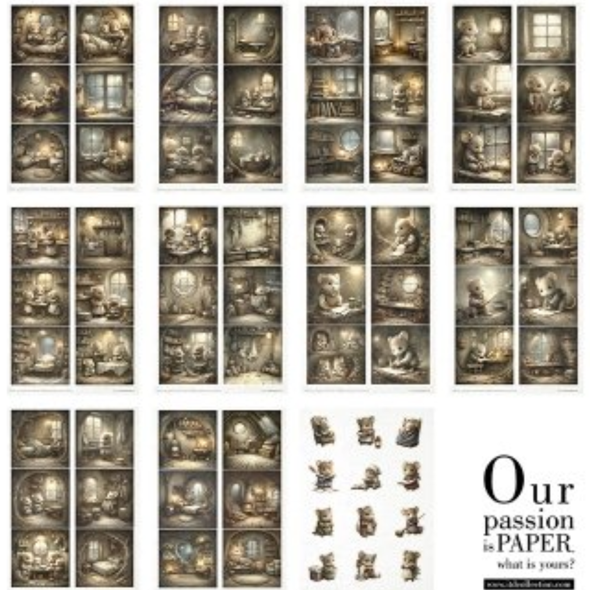 Mouse World Home Sweet Home Decoupage Rice Paper Set by ITD Collection. Detail of eleven size A4 sheets included in the set.