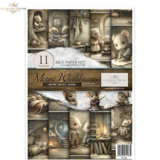  Mouse World Home Sweet Home-decoupage rice paper set of 11 sheets. Features multiple small artwork panels of mice in cozy indoor settings. 
