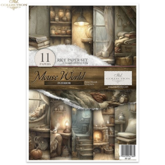 'Mouse World Interior' A packaged decoupage rice paper set with 11 rice papers shown in a collage of cozy vintage interior scenes. By ITD Collection.
