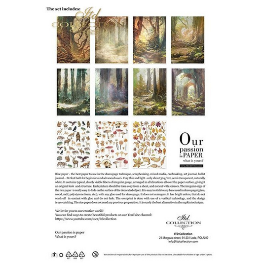 "Mysterious Forest" 11 pack decoupage rice paper set in size A4 by ITD Collection. Available at Milton's Daughter. Back Cover.