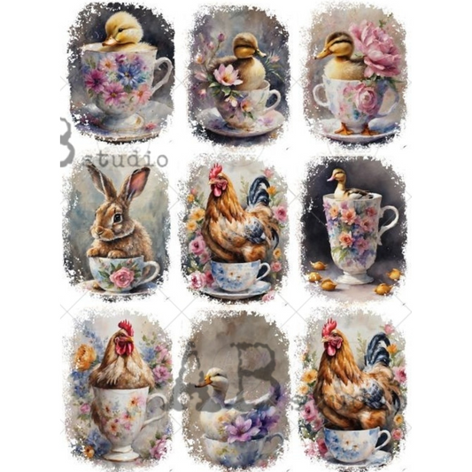 "9 Easter Animals in Teacups" decoupage rice paper by AB Studio. Available at Milton's Daughter.