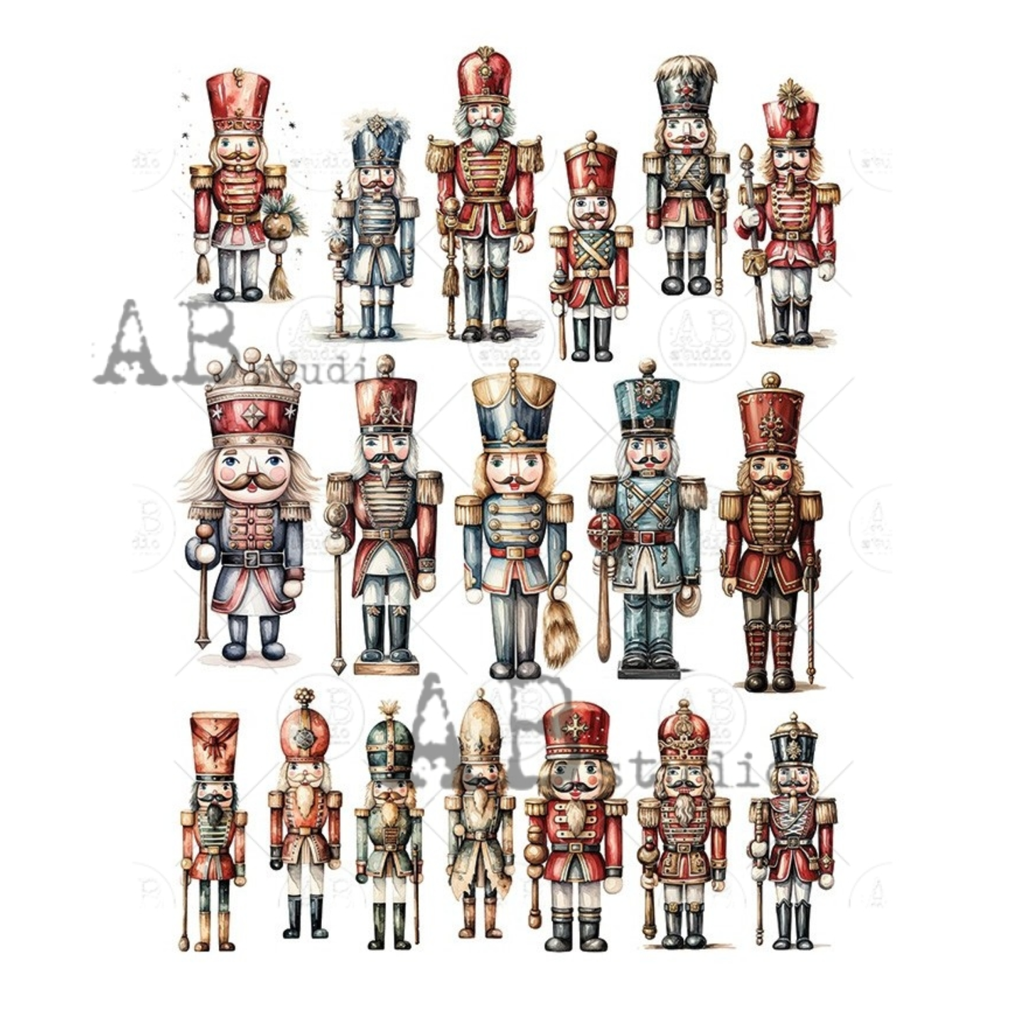 Illustrations of nutcrackers in various poses on a white background