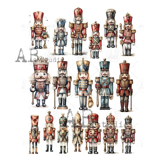 Illustrations of nutcrackers in various poses on a white background