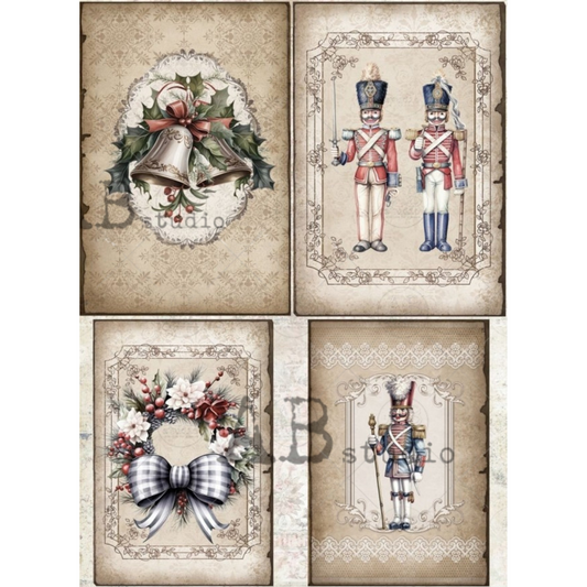 "Nutcracker and Holiday Bells" decoupage rice paper by AB studio. Available at Milton's Daughter.