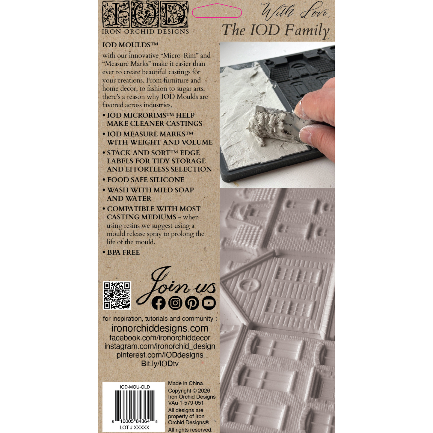 Back cover of IOD Mould Old Colchester Road, featuring product information text, a QR code, and a close-up photo of a hand pressing clay into a silicone mold.