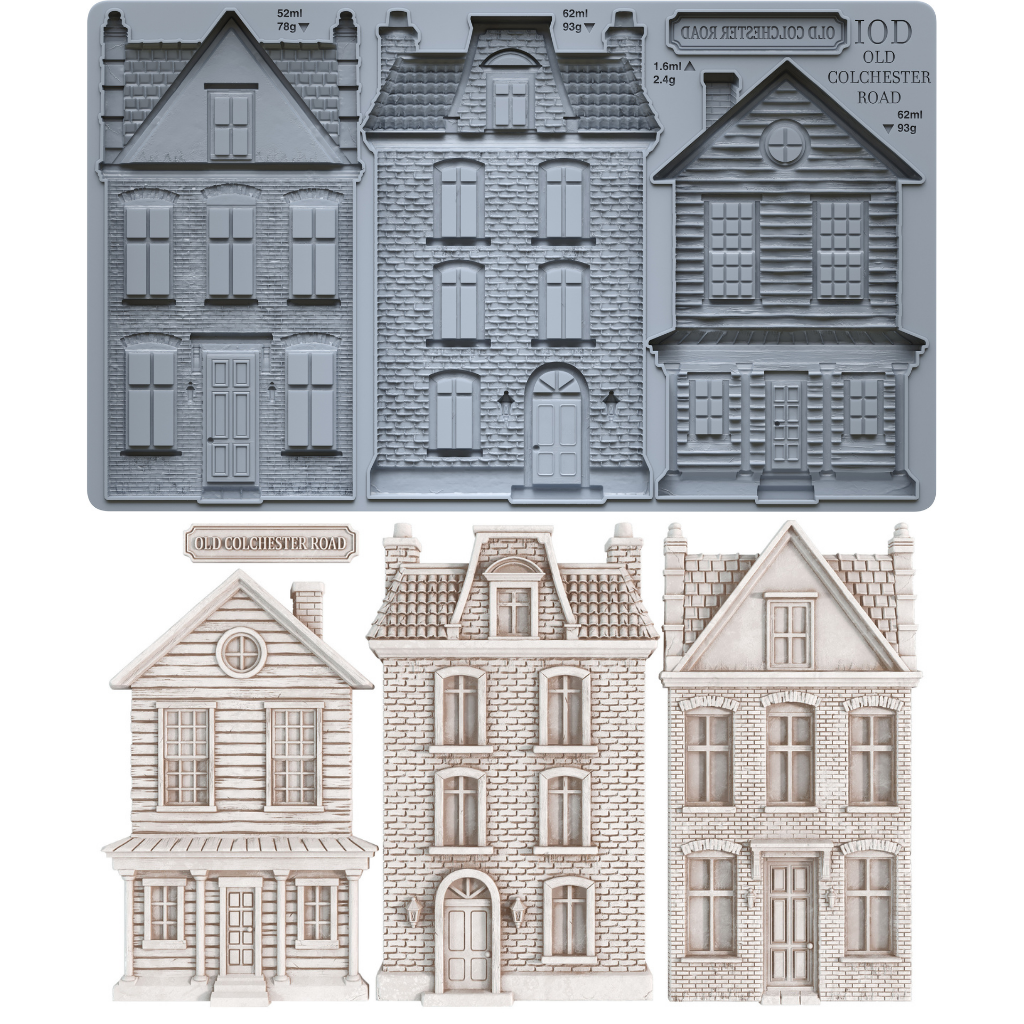 IOD Mould Old Colchester Road, featuring miniature Victorian-style houses including with the corresponding castings below.