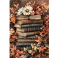 Stack of old books with flowers and leaves on a brown background