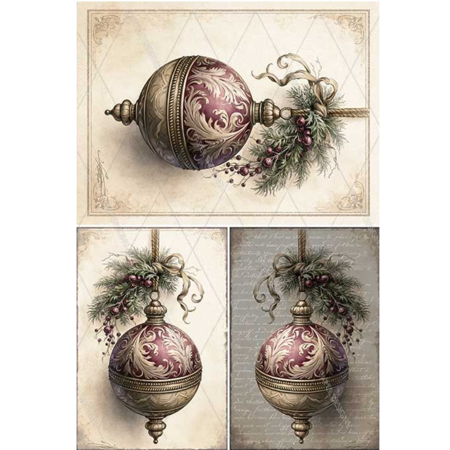 A set of three vintage-style Christmas ornaments printed on square cards, featuring ornate purple and gold patterned baubles with green holly and purple berries, arranged against a light gray  and beige background.