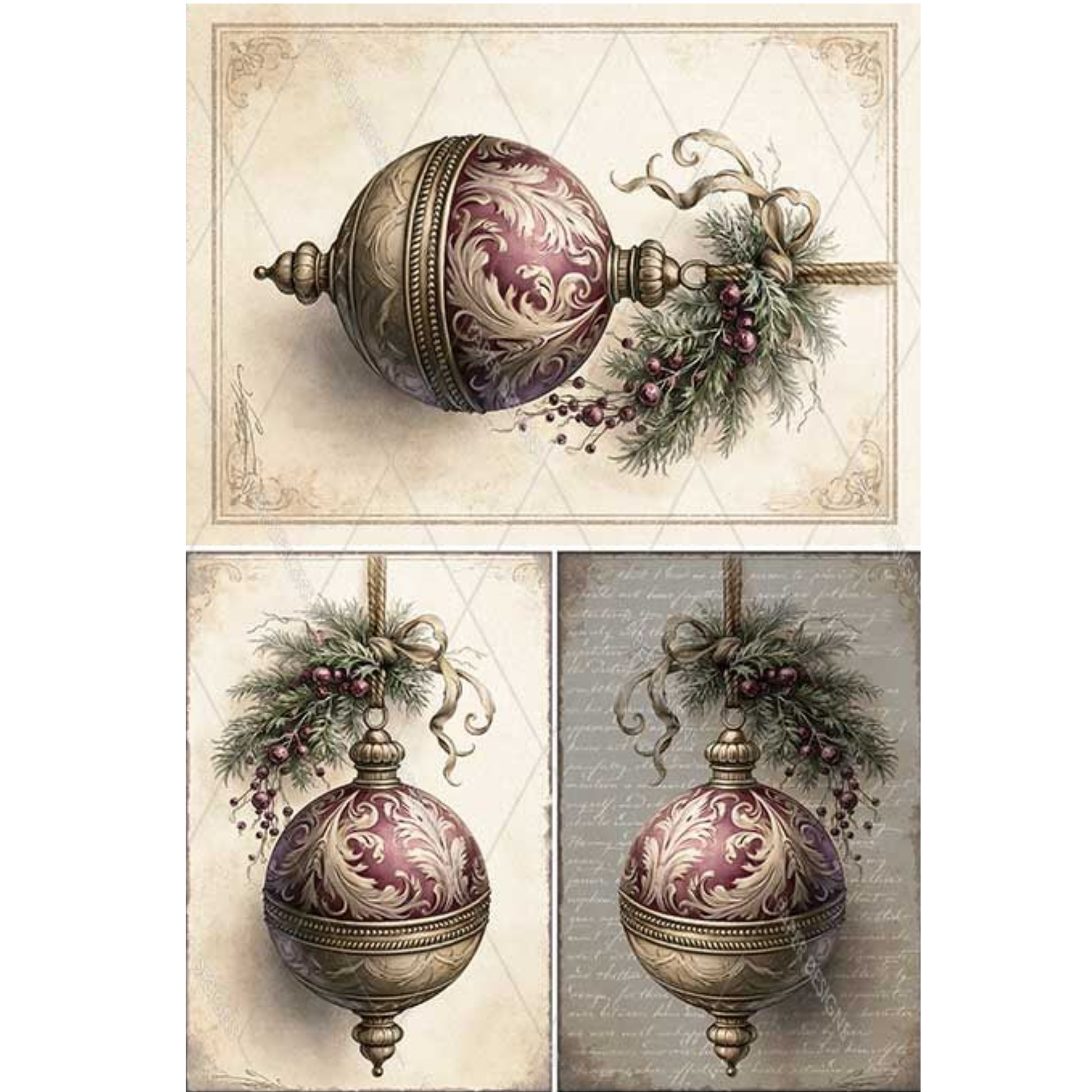 A set of three vintage-style Christmas ornaments printed on square cards, featuring ornate purple and gold patterned baubles with green holly and purple berries, arranged against a light gray  and beige background.