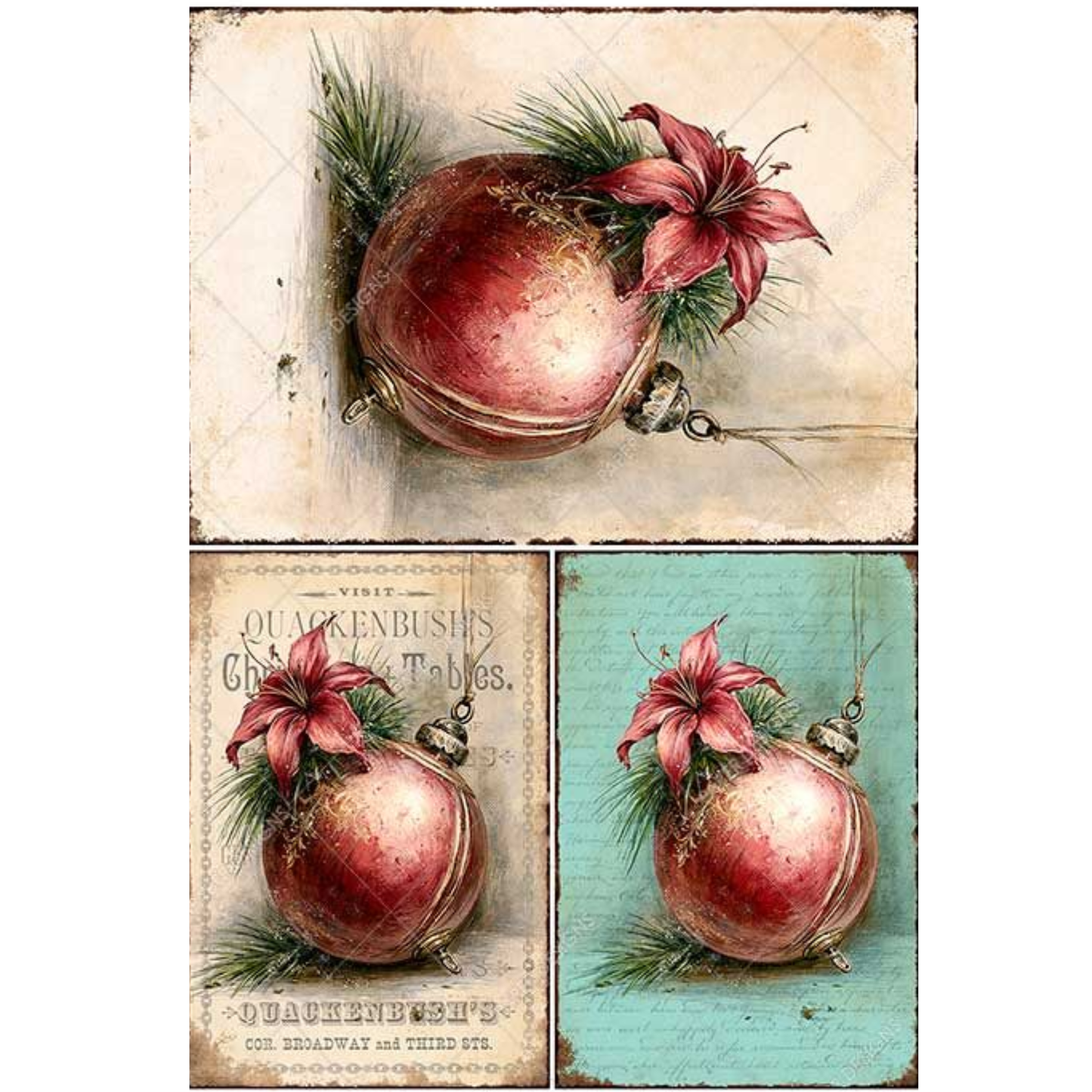 Three vintage-style decorative prints featuring a red Christmas ornament with a pink lily and green pine accents, arranged in a collage.