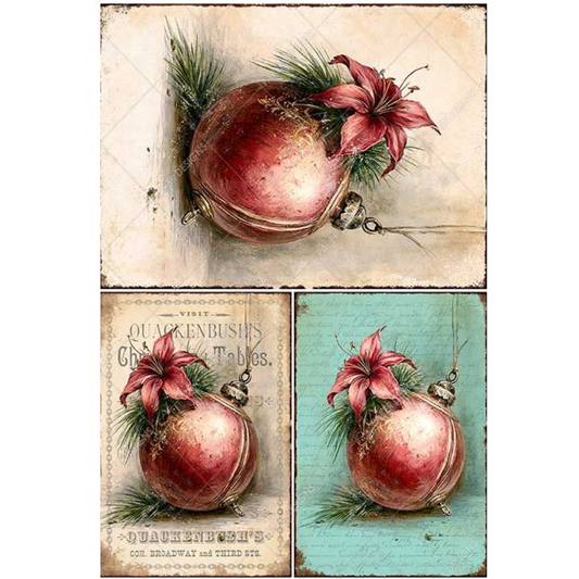 Three vintage-style decorative prints featuring a red Christmas ornament with a pink lily and green pine accents, arranged in a collage.