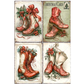 Rice paper image featuring four illustrated pairs of red and cream cowboy boots decorated with holly leaves, red berries, and large red bows.