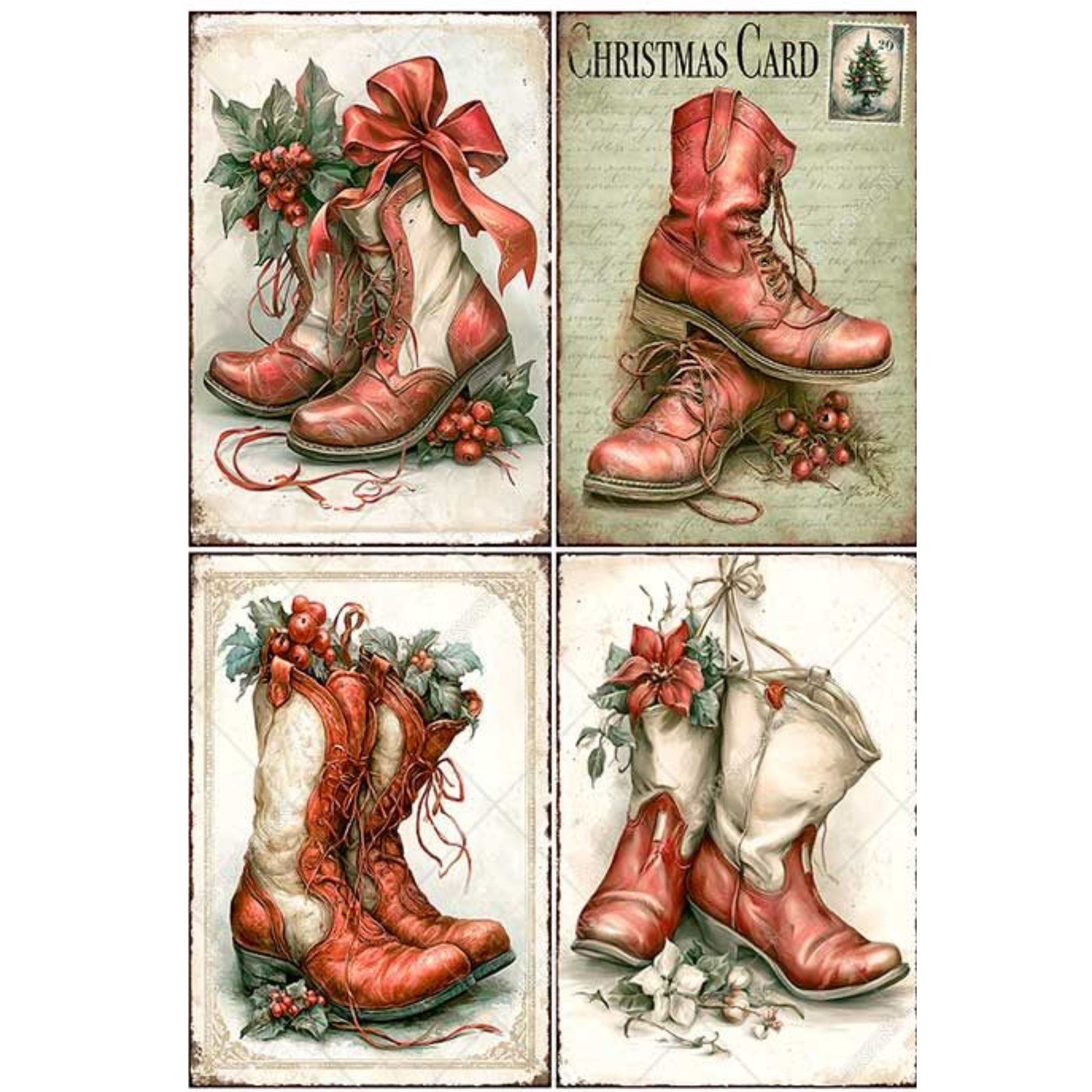 Rice paper image featuring four illustrated pairs of red and cream cowboy boots decorated with holly leaves, red berries, and large red bows.