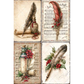 A set of four vintage-style decorative images featuring an antique illustration with a feather quill, a glass bottle, musical notes, a rolled scroll, and red berries or holly leaves on aged parchment backgrounds.