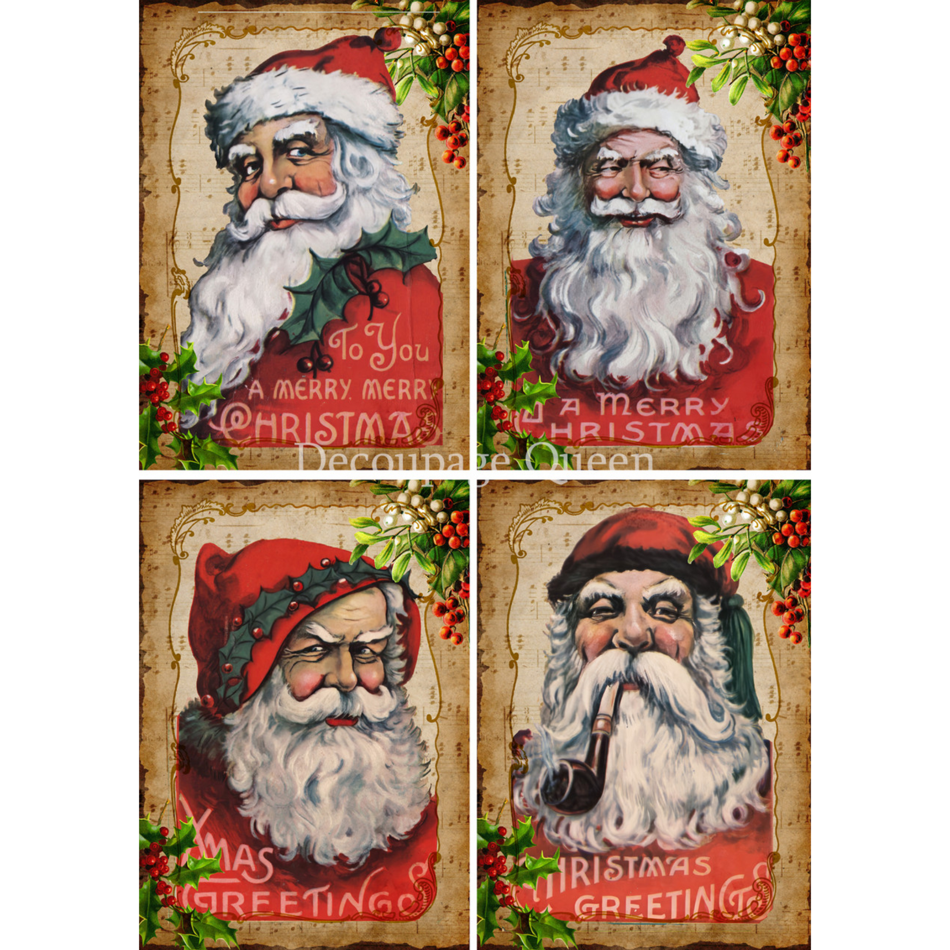 "Old School Santas" decoupage rice paper by Decoupage Queen. Available at Milton's Daughter.