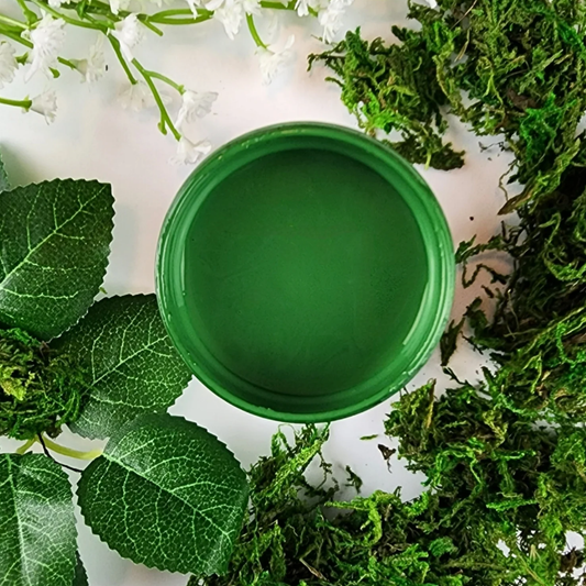 Image of open jar of grass green colored paint with moss and leaves on a white background.