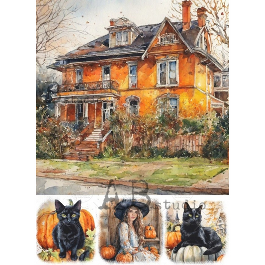 "Orange Farmhouse 4 Fall Scenes" decoupage rice paper by AB Studio. Available at Milton's Daughter.