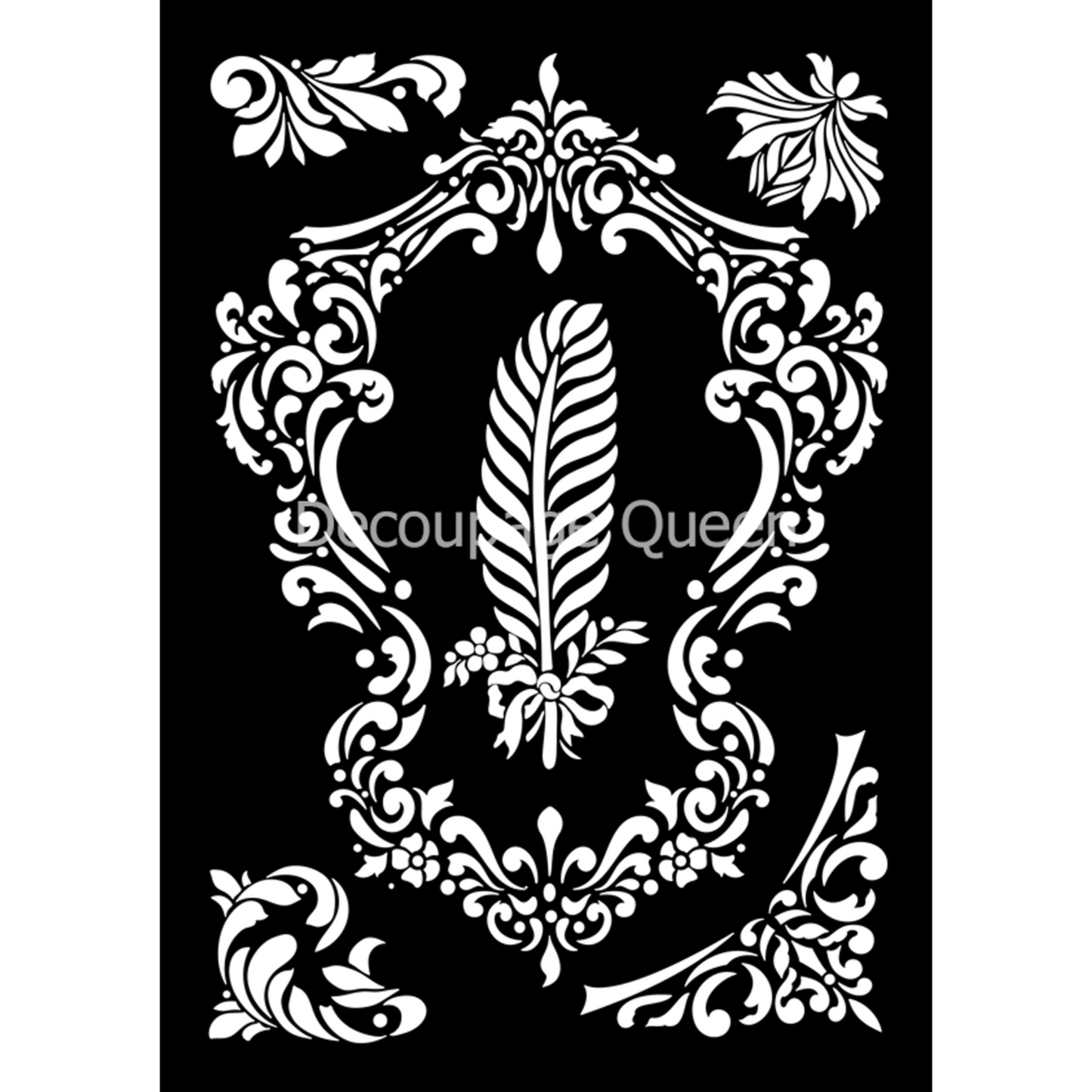 "Ornate Framing Stencil" designed by Dainty and the Queen for Decoupage Queen. Mylar A4 reusable stencil. Available at Milton's Daughter.