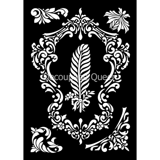 "Ornate Framing Stencil" designed by Dainty and the Queen for Decoupage Queen. Mylar A4 reusable stencil. Available at Milton's Daughter.
