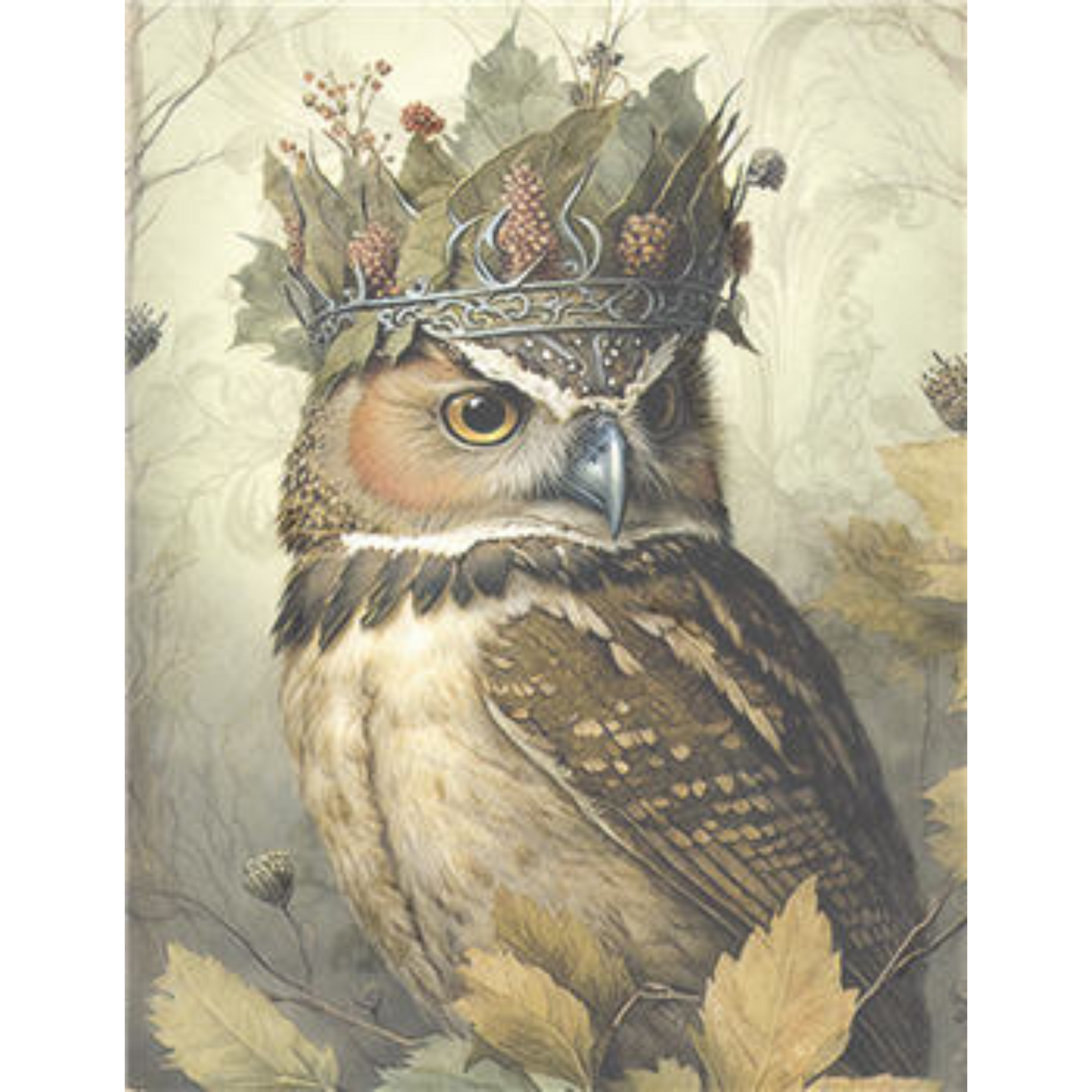 "Owl King of the Forest" decoupage paper by Monahan Papers. Size 11" x 17" available at Milton's Daughter.