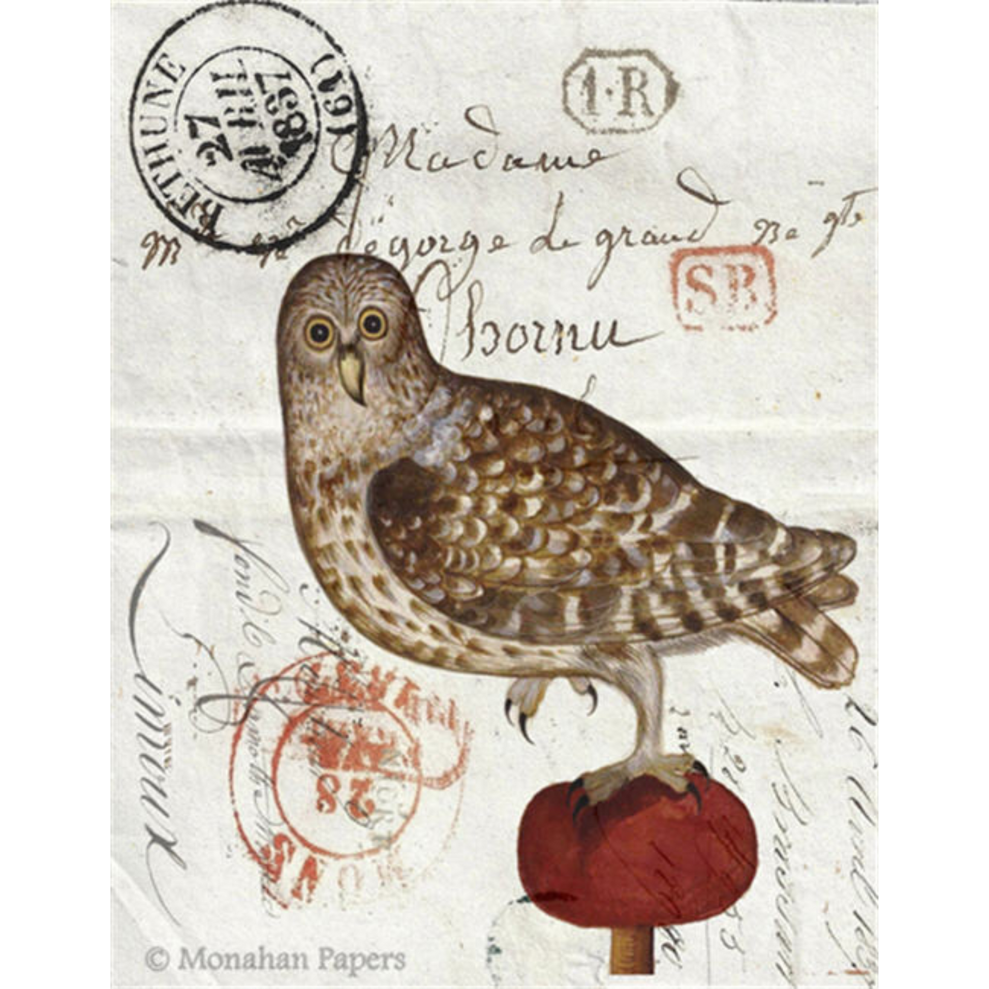 "Owl on A Red Tuft" decoupage paper by Monahan Paper. 11" x 17" available at Milton's Daughter.