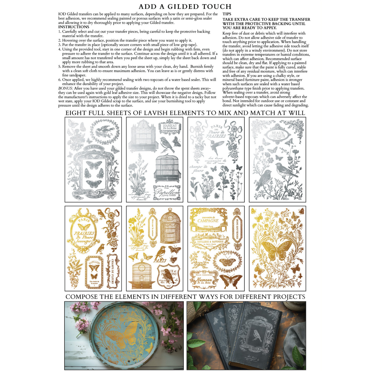 IOD GIlded Transfer Papillon back cover. Sheet of gold foil transfers with decorative elements and instructions on a white background.