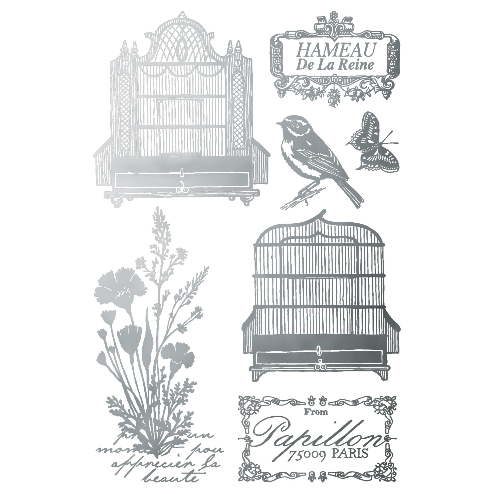 Decorative elements including birdcages, birds, flowers, and text on a white background