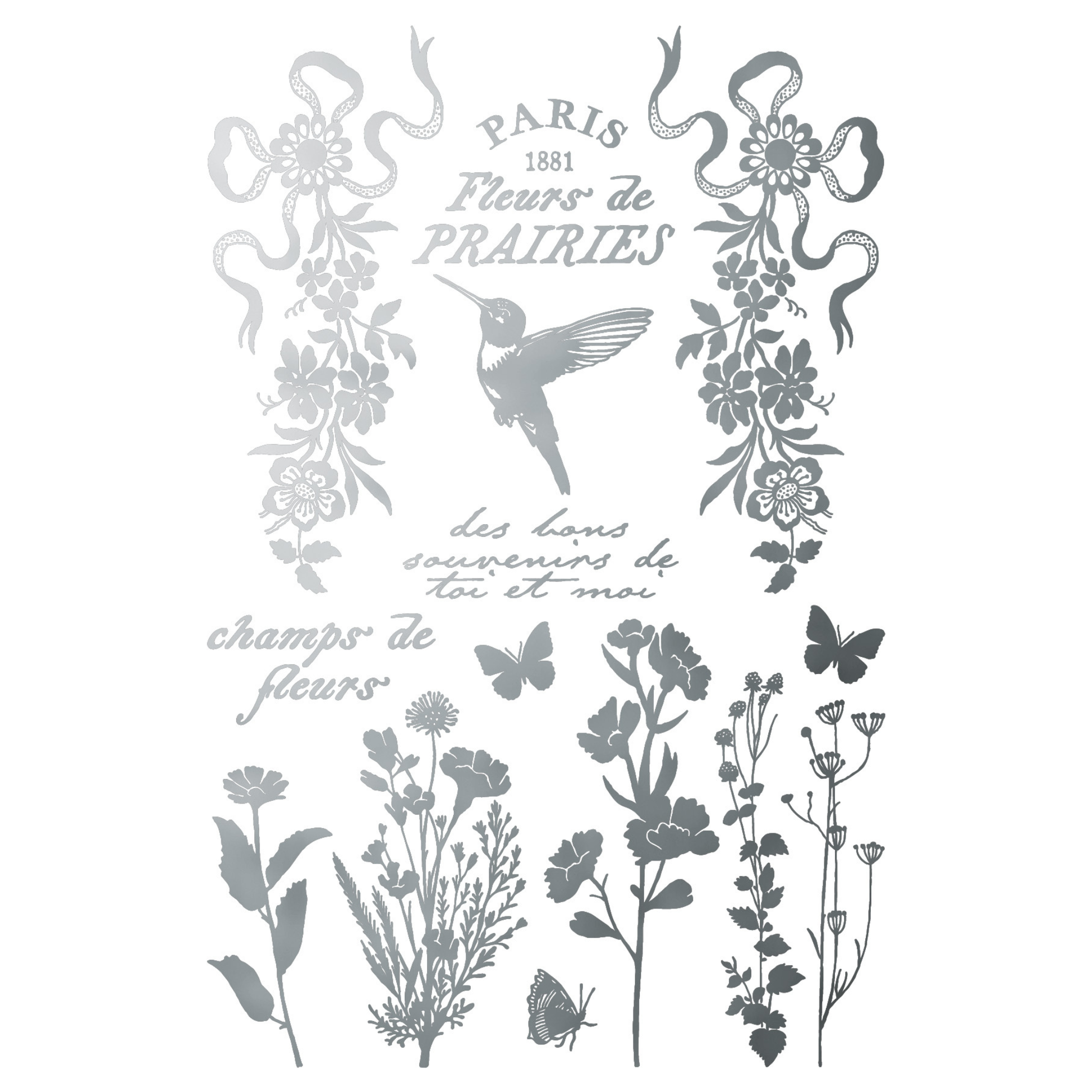 Decorative design with floral elements, text, and a hummingbird on a white background
