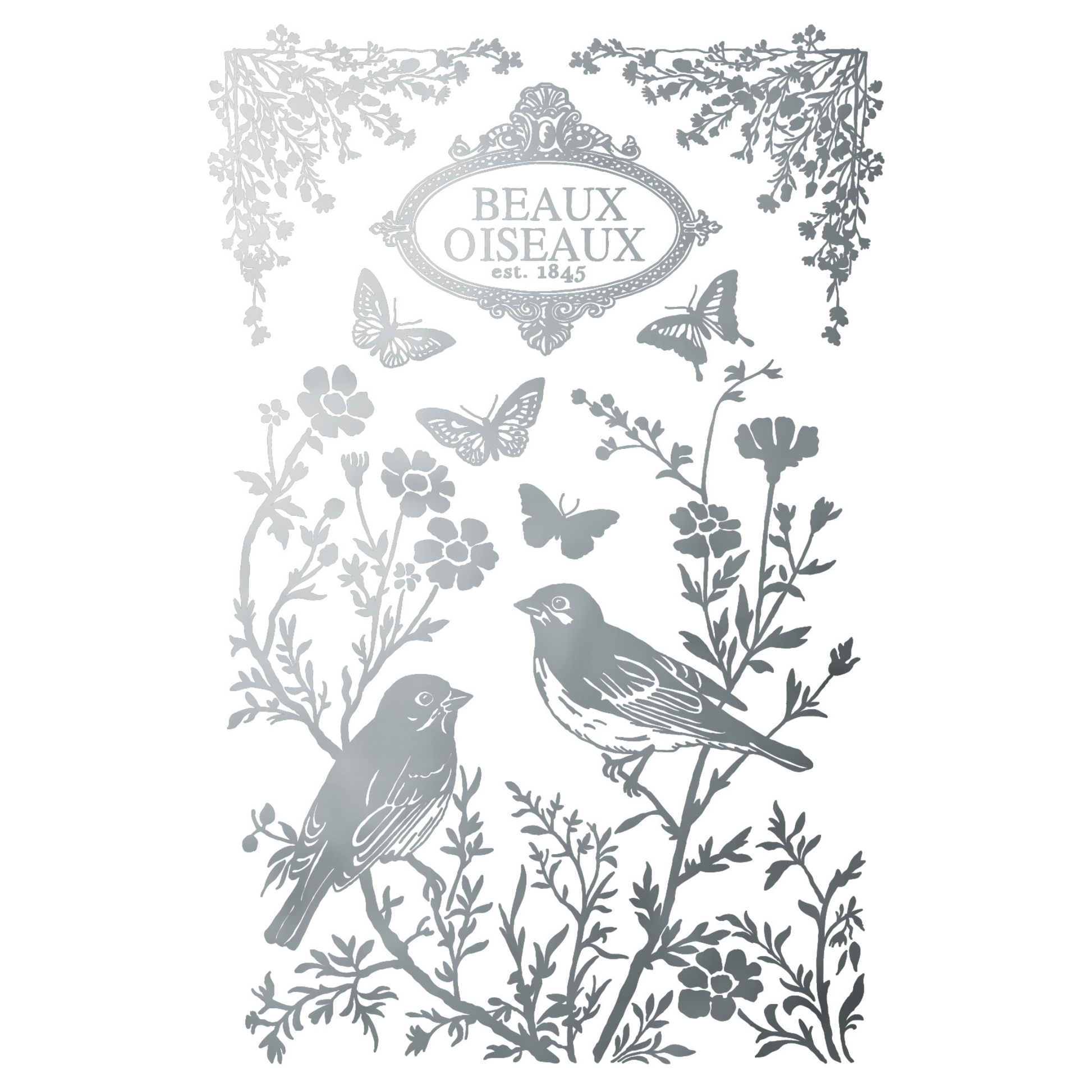 Decorative design with birds, flowers, and butterflies on a white background