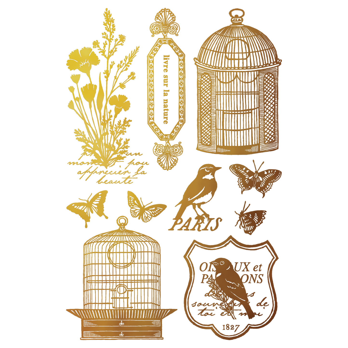 Decorative elements including birdcages, flowers, birds, and butterflies on a white background.