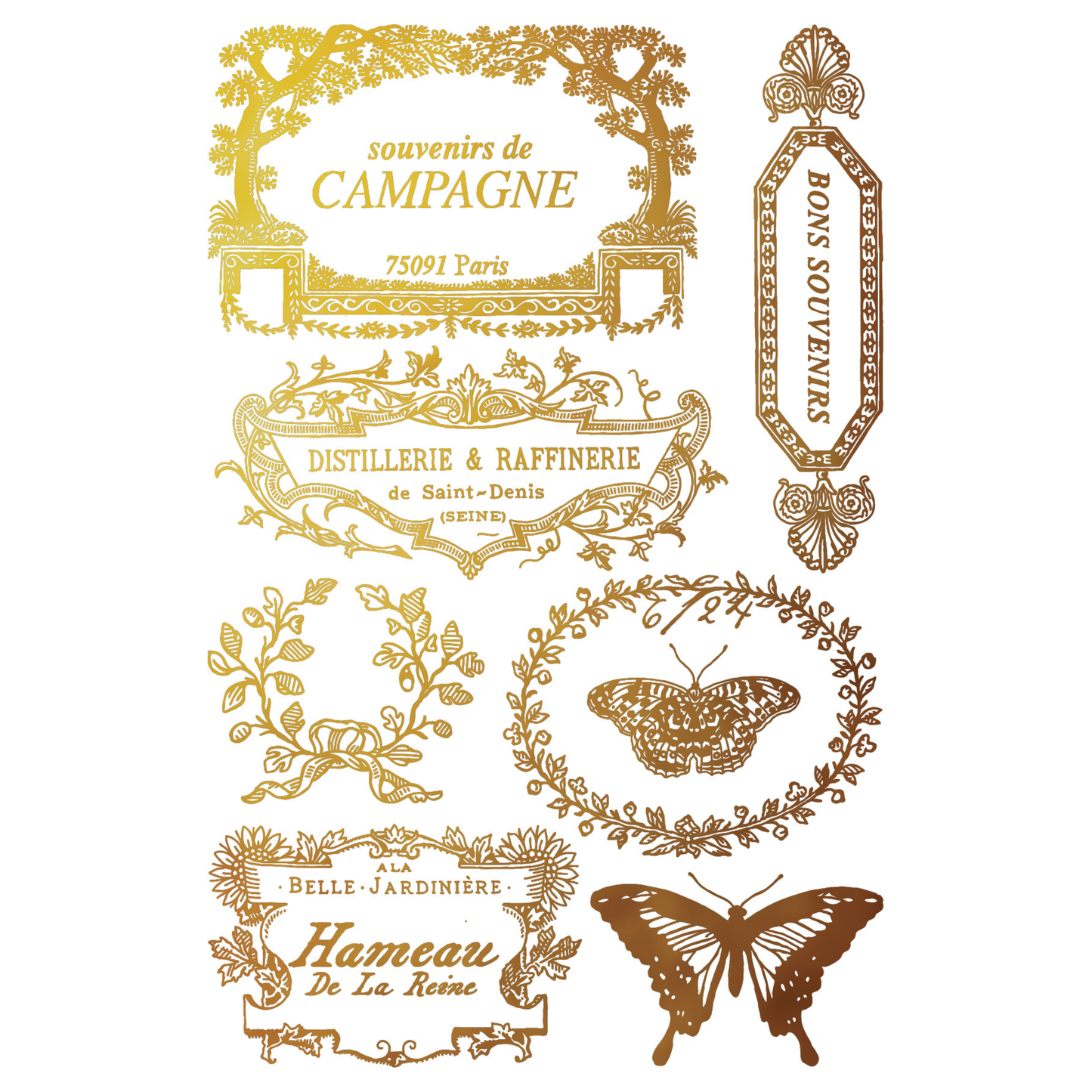 Collection of decorative gold frames and butterflies on a white background