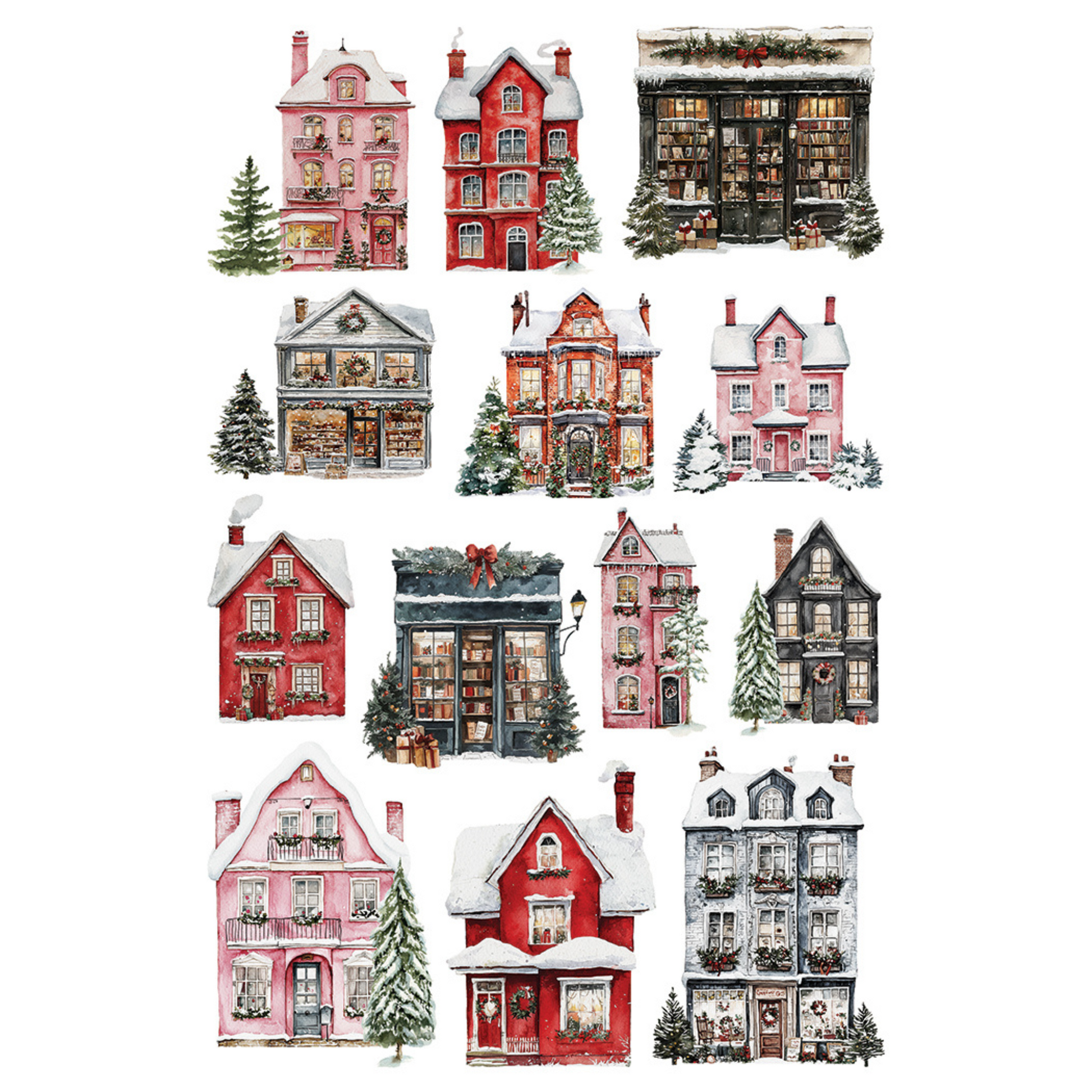 "Partridge Lane" IOD Transfer by Iron Orchid Designs. Pg 1 of 8. Available at Milton's Daughter.Collection of illustrated Christmas houses and trees.